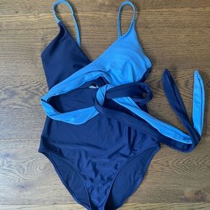Aerie Colorblock Navy Blue Wrap One Piece Bathingsuit